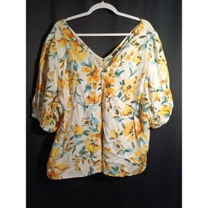 Gap Women's Linen Blend Deep V Puffy Short Sleeves Size XXL Yellow Floral Flowy